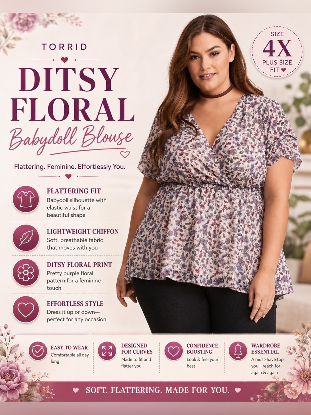 Torrid Womens 4X Purple Ditsy Floral Short Sleeves Chiffon Babydoll Blouse
